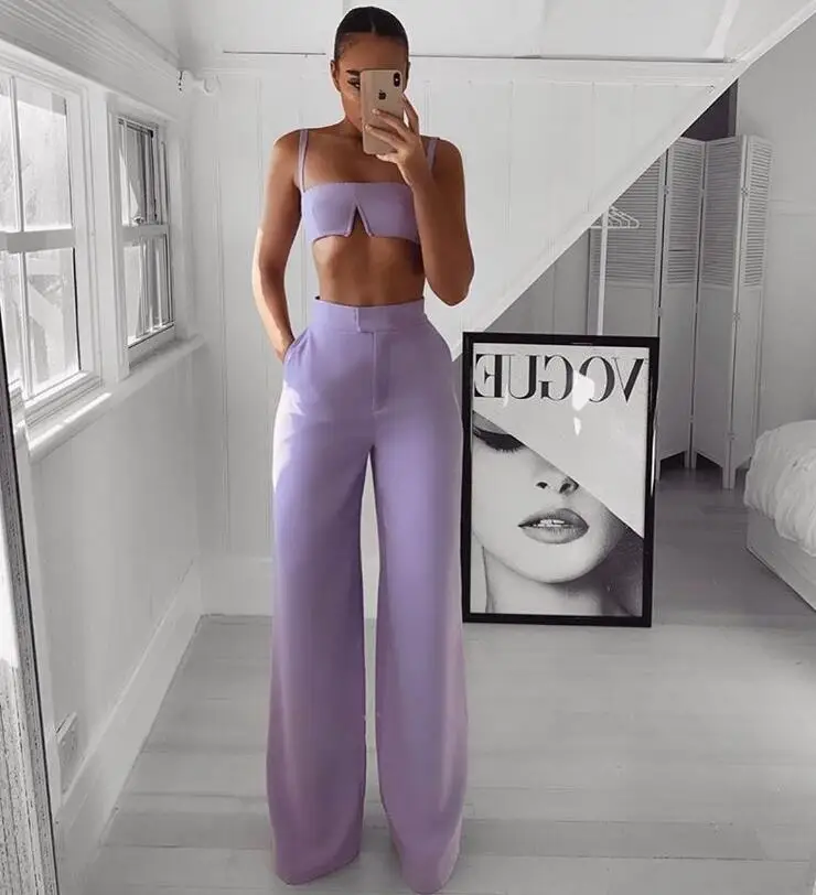 

2019 Summer Sexy 2 Piece Set Cotton Spaghetti Strap Loose Pants New Arrival Solid Women Party Suits