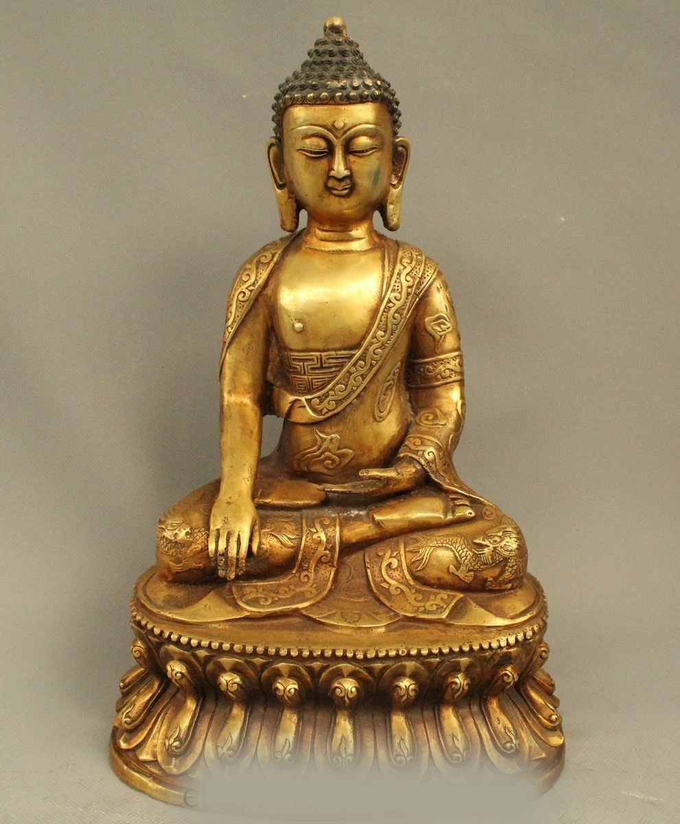 

DS 11" Old Tibetan Buddhism Bronze Gild Shakyamuni Buddha Dragons Robe Statue