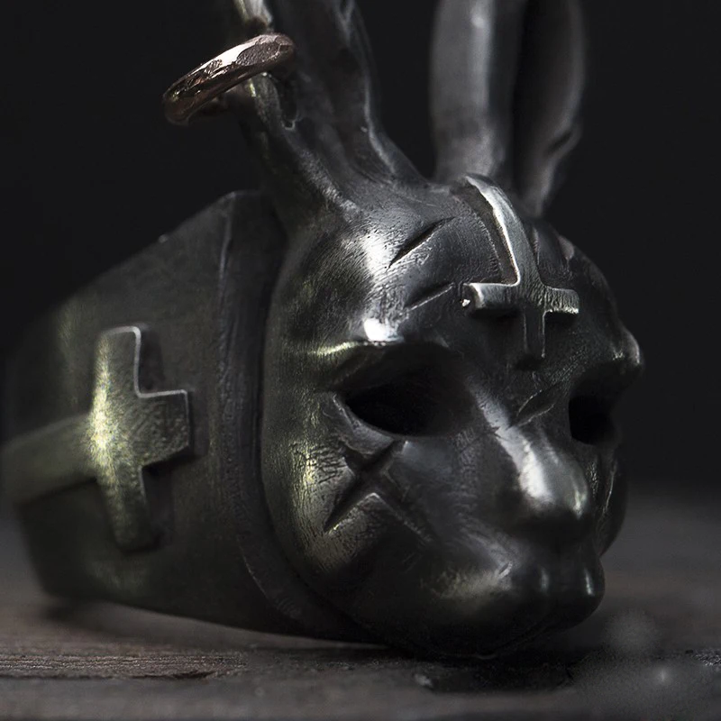 Дизайн ручной работы серебряное темное кольцо «кролик» панк крест кролик 925 Серебряное кольцо для мужчин