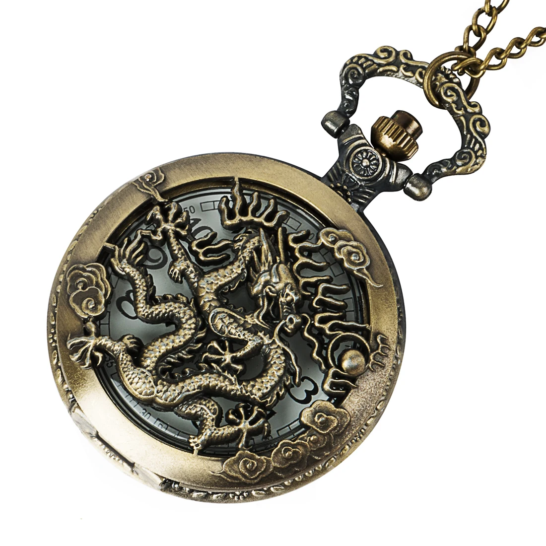 Dragon Pocket Watch Chain Quartz Necklace Watches Open face Clock Watch Mens Birthday Gift 3