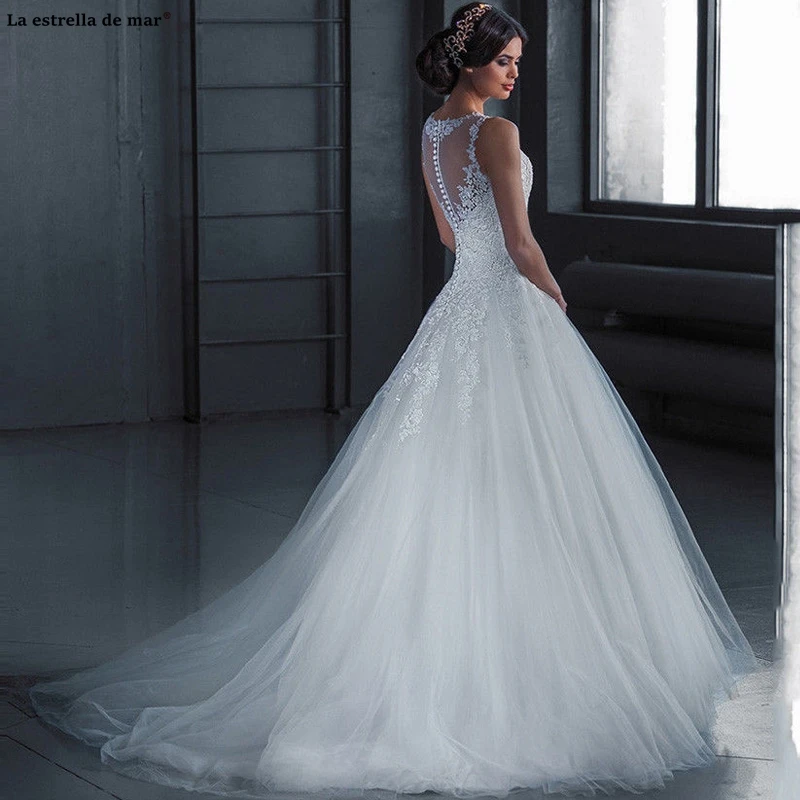 

Vestido de novia vintage new Scoop neck tulle applique ALine ivory princess wedding dress trailing trouwjurk plus size cheap