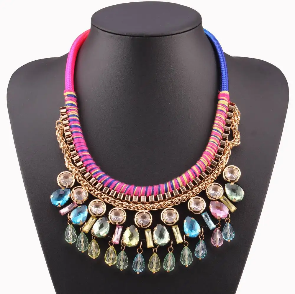 string braided multi color crystal pendant statement chunky gold chain