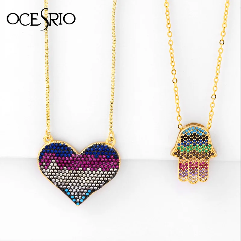 

OCESRIO Bohemia Gold Hamsa Pendant Necklace Cubic Zirconia Love Heart Charm Pendant Necklace Fashion Jewelry nke-p18