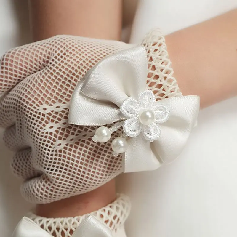 Fashion Princess Wedding Gloves for Girls Mesh Evening Children's Holiday Accessories with a Birthday Bow Performance Gloves for