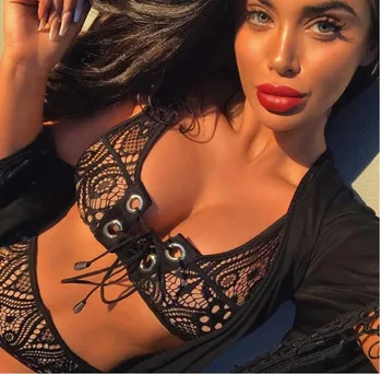 

Plus Size Bikini Set 2019 New Sexy Bandage Push Up Perspective Lace Mesh Eye High Waist Split Swimwear Women A2317YPD