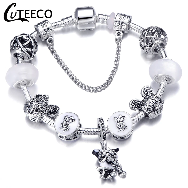 

CUTEECO Mickey Minnie Couple Pendants Charm Bracelet White Murano Beads Fits Brand Bracelet Women Valentine's Day Jewelry Gift