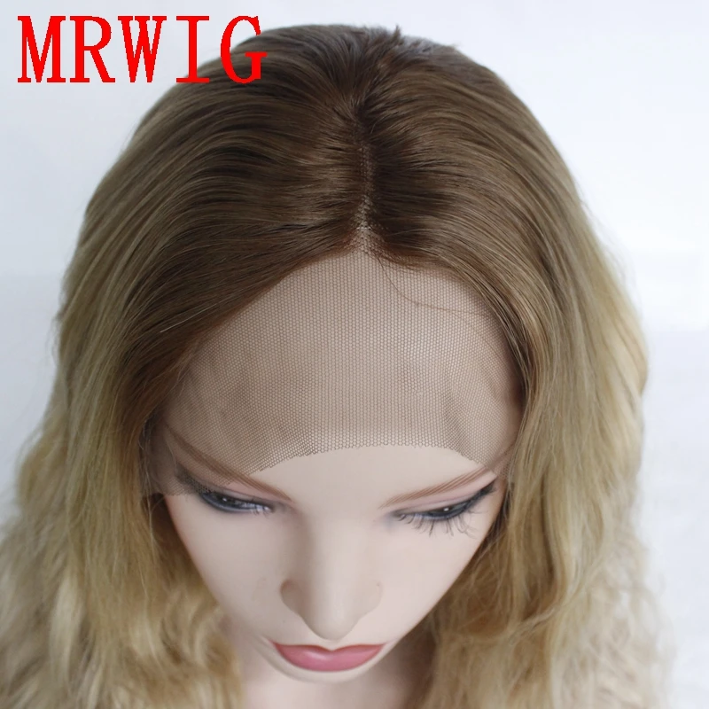 MRWIG Short Dark Roots Brown Ombre Mixed Blonde Middle Part Heat Resistant Fiber Cosplay Synthetic Lace Wig