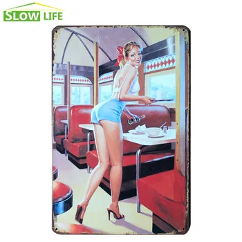Hot Sexy Girl Waitress Metal Tin Sign Hotel/Bar Wall Decor Metal Sign Vintage Home Decor Metal Plaque Retro Painting Metal Plate