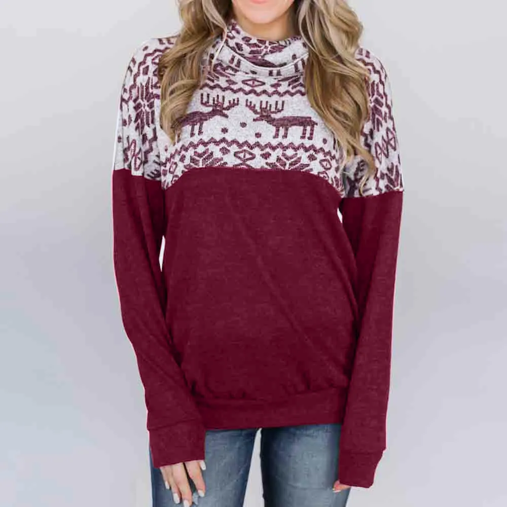 

Feitong Womens Christmas Sweatshirt Hoodies Autumn Winter Ladies Causal Long Sleeve Cowl Neck Printed Tops sudadera mujer 2019