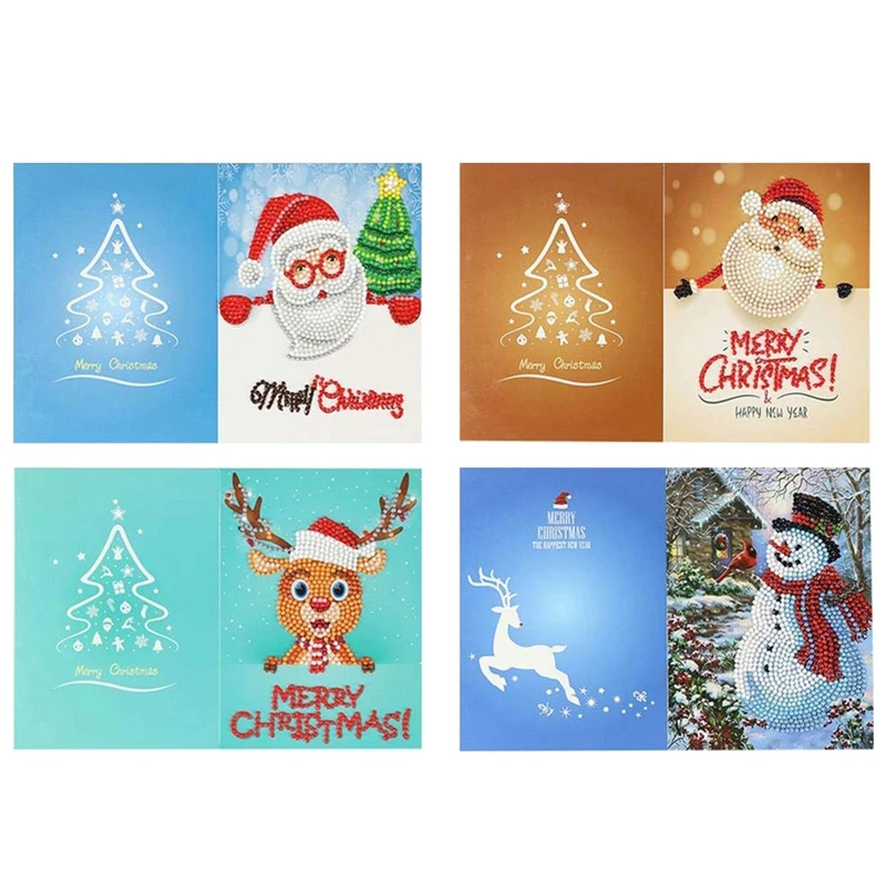  4PCS Christmas Party Invitations Cards DIY Santa Reindeer Snowman Xmas Tree 5D Diamond Painting Gre - 33056141817