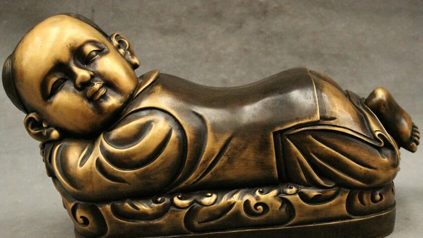 

song voge gem S2368 14" Folk Chinese Bronze Copper JiXiang Fu Kid Child Boy Lad Statue Sculpture