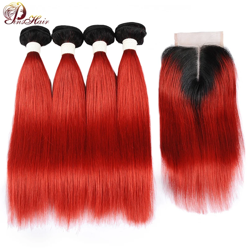 

Pinshair 1B Red 4 Bundles With Closure Ombre Hair Burgundy Malaysian Hair Bundles With Closure Straight Human Hair Weave Nonremy