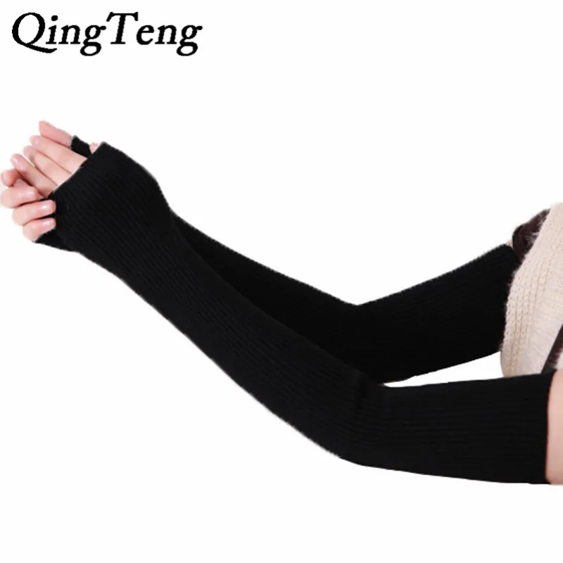 Image 40cm 50cm 60cm Winter arm Female gloves Fingerless cashmere wool warm thin long women gloves guantes mujer