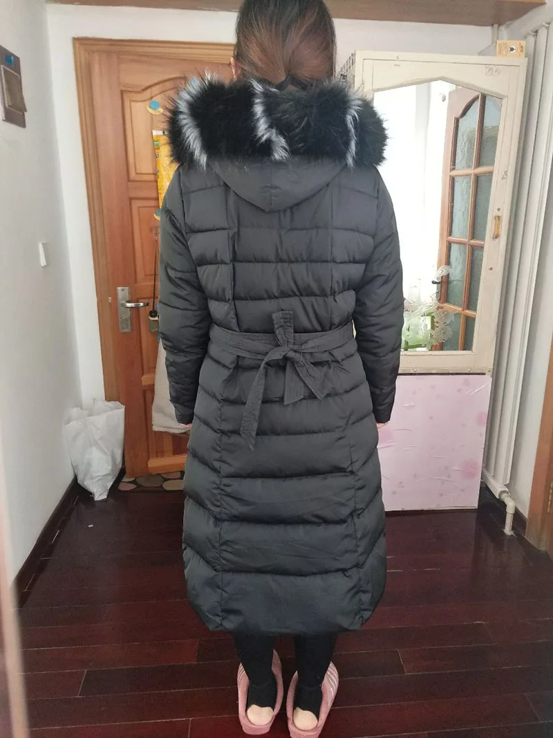 Для женщин длинный меховой воротник с капюшоном теплые парки M-3XL офис леди Толстая зимняя одежда пальто куртка ZO933