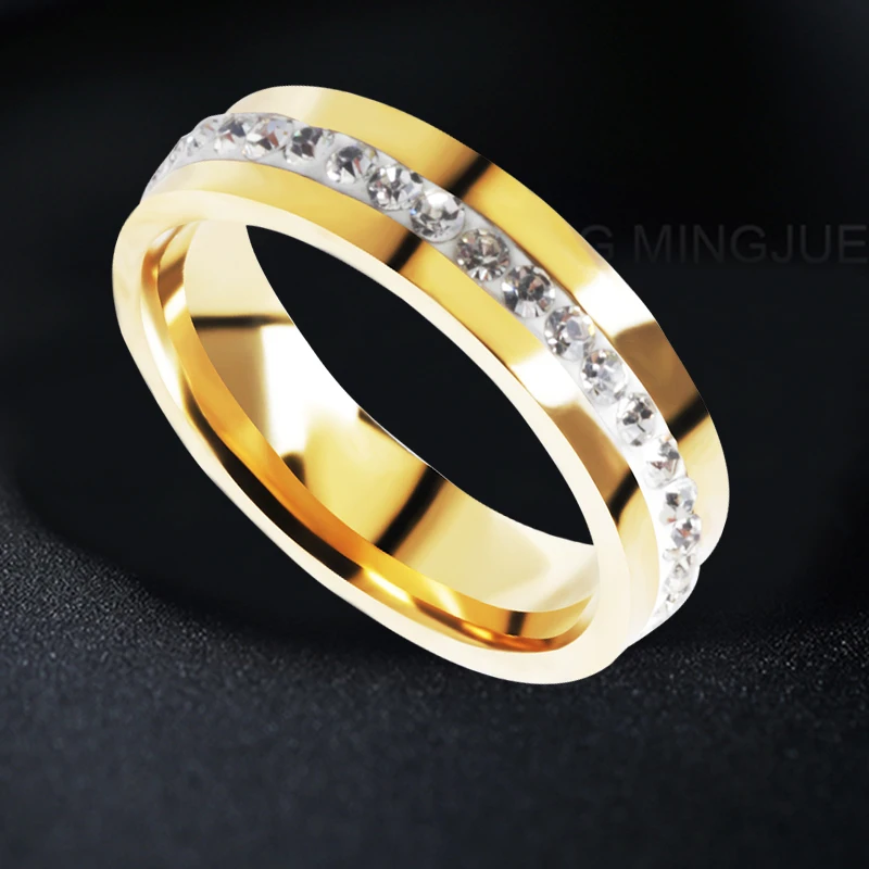 

QianBei Fashion Rhinestone Gold Stainless Steel Rings Women Finger Wedding Engagement Rings Jewelry Men Couple USA Size 7-11