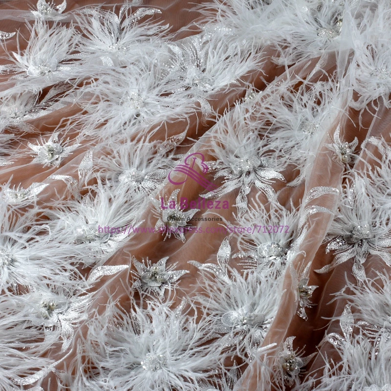 La Belleza новые высококлассные сверкающие серые, розовые тяжелые 3D Цветы перо бисером кристалл свадебное/вечернее платье кружевная ткань 1 ярд