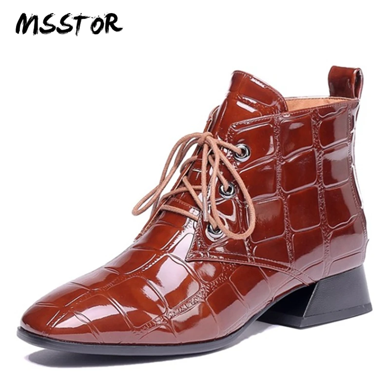 

MSSTOR Stone Pattern Lace Up Boots Plus Size 42 Fashion Office Autumn Flats Boots Women Zipper Square Toe Ankle Boots For Women