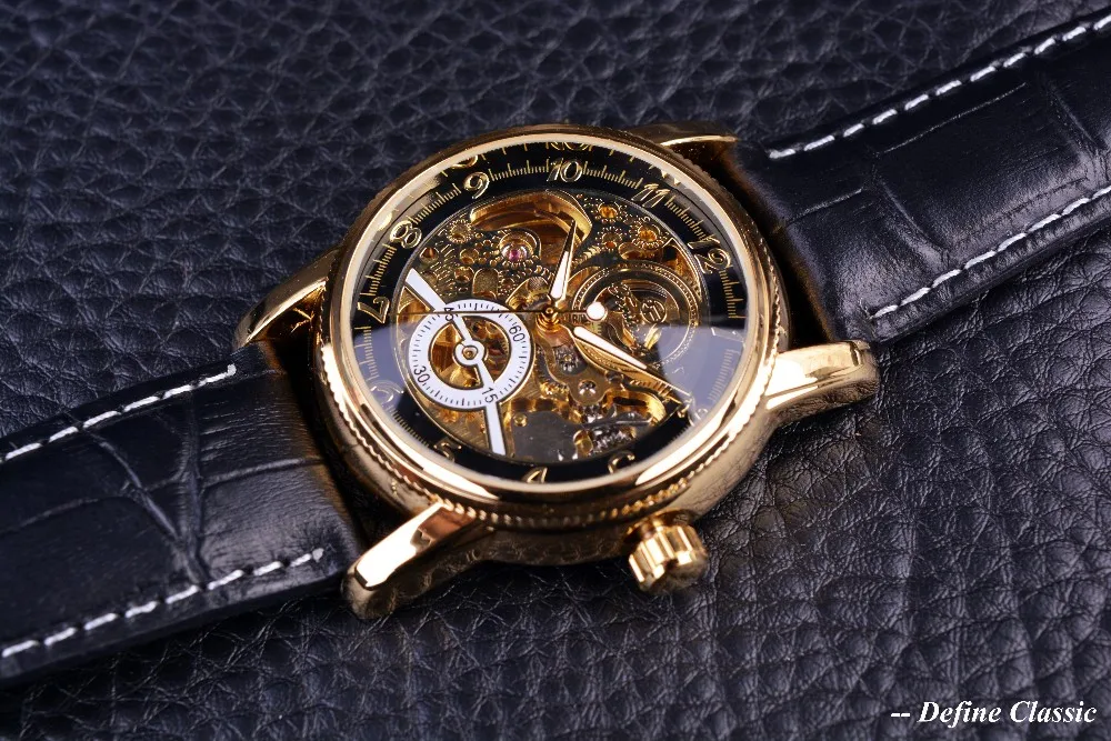 Forsining классические полые гравировка Скелет повседневные дизайнерские черные золотые шестерни ободок часы для мужчин люксовый бренд автоматические часы