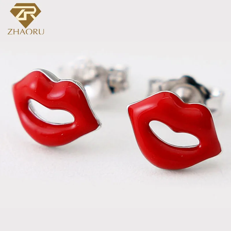 

ZHAORU 925 Sterling Sliver Enamal Earrings Silver Stud Earrings for Women Fine Jewelry Fashion Lips Earring