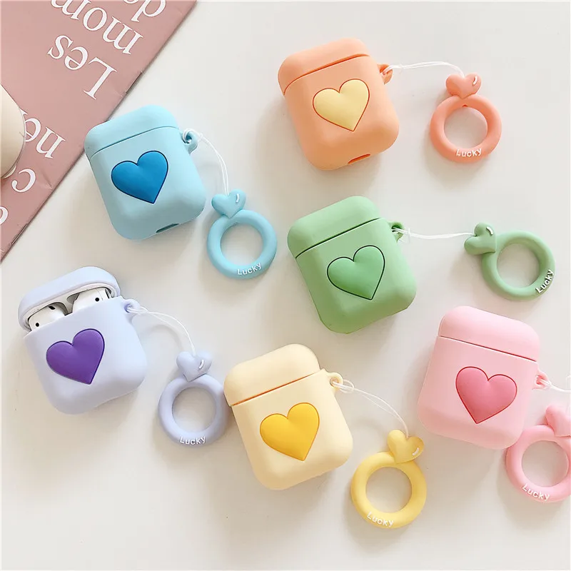 

Bluetooth Earphone Case for Airpods 2 Cute Accessories Protective Cover Anti-lost Strap Love Design Silicone Trunk Candy Colors