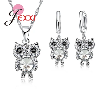 

African AAA Crystal Beads Drop Owl Necklace Earrings 925 Sterling Silver Lovely Animal Jewelry Sets Birthday Party Gift Collar