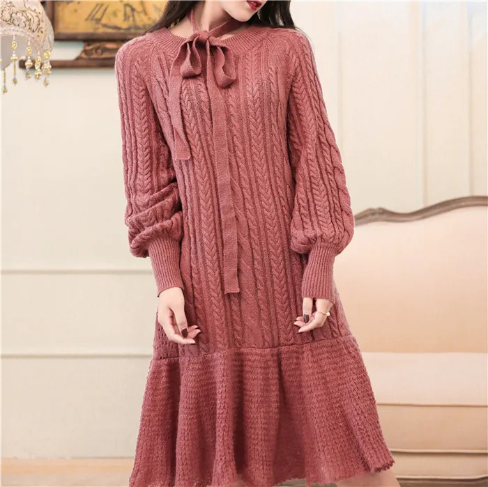 

Hidden lover Brick red wool blend woven vintage Dress Ladies Autumn Winter o-Neck Long Sleeve Ruffles Casual Loose Dresses