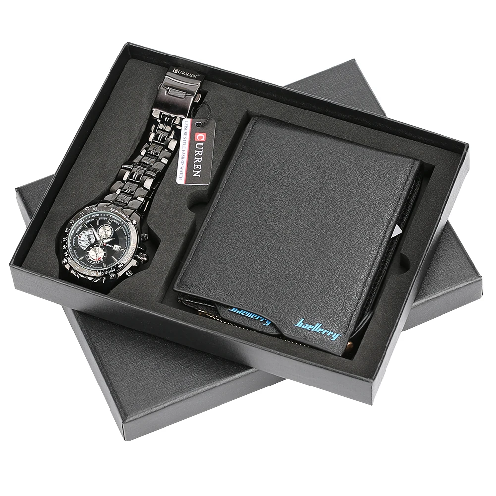 Мужские часы стальной/кожаный ремешок кварцевые наручные часы со складной застежкой кожаный бумажник подарочный набор для бойфренда для папы