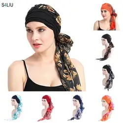 Мусульманский для женщин шифон длинный платок шаль ислам тюрбан индийский кепки цветочный принт хиджаб шапочка выпадение волос чокер