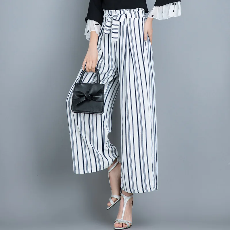 

2019 new spring thin black and white striped chiffon wide leg pants female drape nine pants high waist straight trousers pants