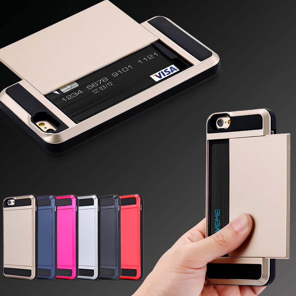I6/7 Plus Armor Slide Spacious Credit Card Slot Case For iPhone 7 5 5C 5S SE 6 6S Plus 7 Plus Wallet Shockproof Hard Cover Shell