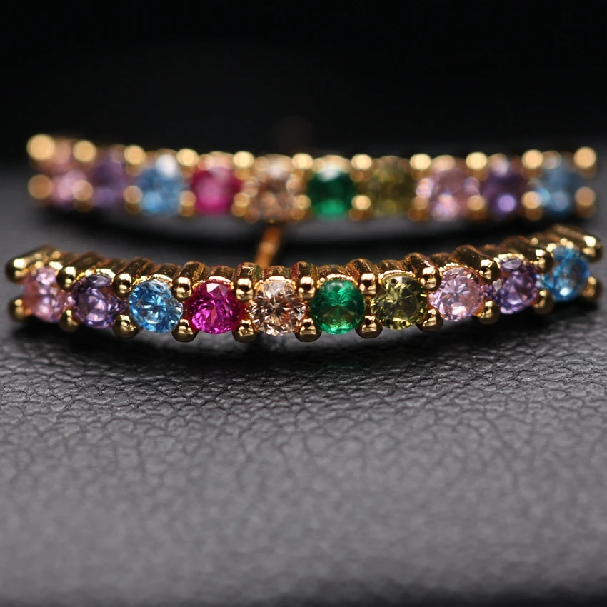 Многоцветные простые минималистичные серьги-гвоздики в форме линии, радужные красочные серьги с кристаллами и цирконием для женщин, трендовые ювелирные изделия