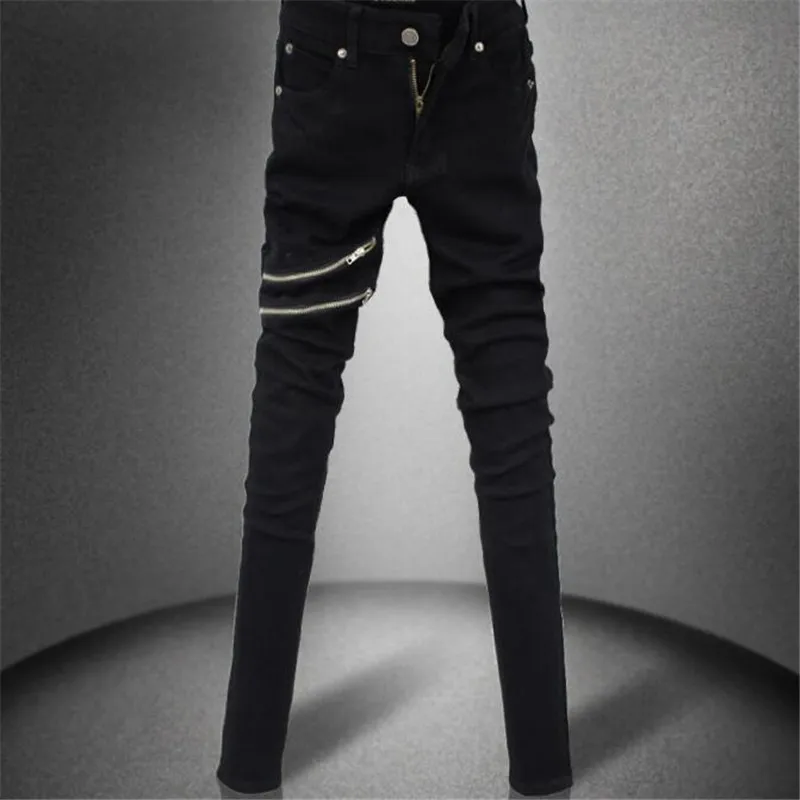 Новинка, высокая уличная одежда, мужские джинсы в стиле хип-хоп, черные Простые штаны, длинные штаны на молнии, модные мужские обтягивающие джинсовые брюки в стиле панк