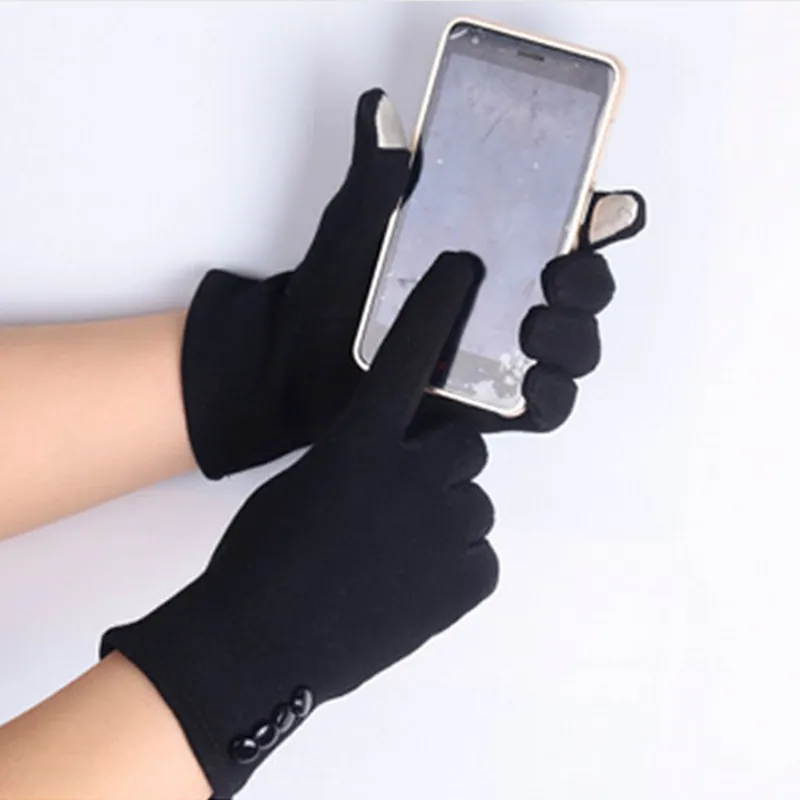 

2018 Autumn Winter Glove Women Warm Wrist Mittens Touch Screen Gloves With Four Buttons Black Gray Cotton Gloves Female