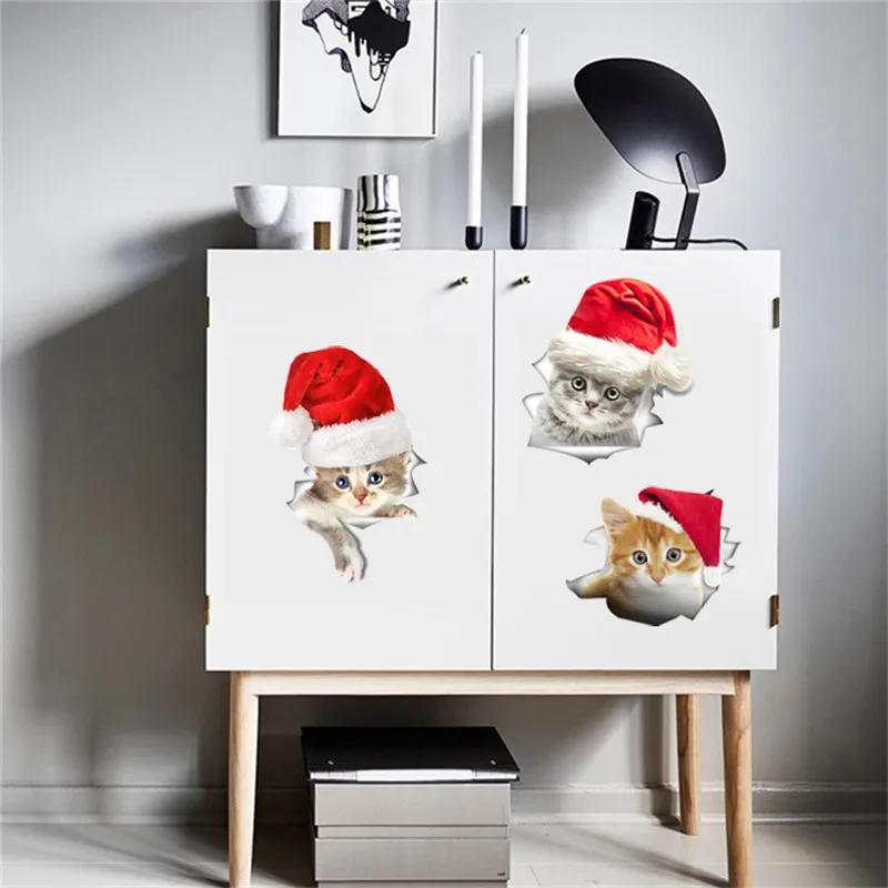 

Baby Shower Christmas Hat Cat Dog 3D Decal Smashed Wall Door Sticker Bedroom Kicthen Sticker Kid Favor Waterproof Decor Poster,W