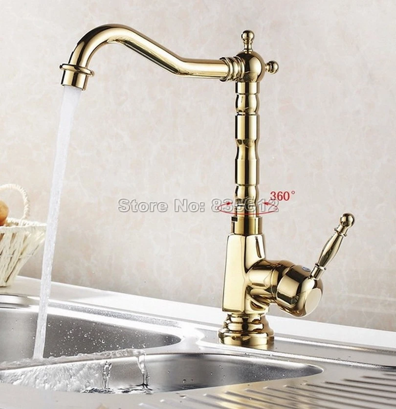 Gold Color Brass Swivel Spout Kitchen Sink Faucet Single Handle Basin Mixer Taps Deck Mounted Single