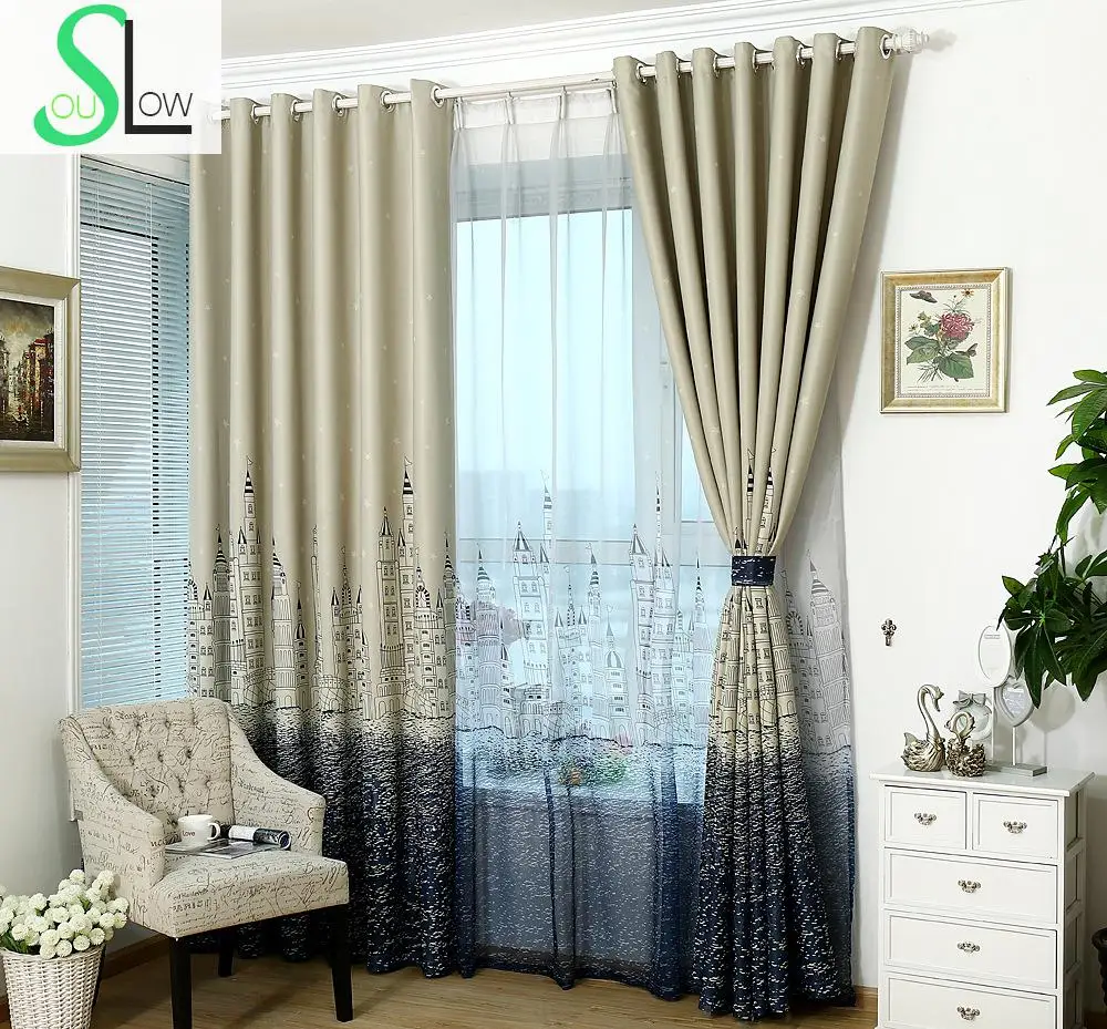 

[Slow Soul] Mediterranean Sea Castle Thick Curtains Cloth Bedroom Living Room Study Children Curtain Cortinas Blackout Drapes