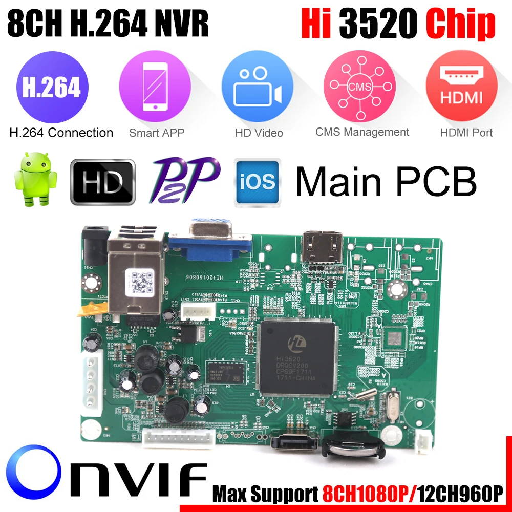 

8CH CCTV NVR Board 1080P HI3520D Security NVR Module 8CH 1080P / 12CH 960P XMEYE P2P Mobile Monitoring Cloud Viewing