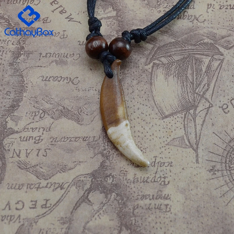 Men Tribal Wolf Tooth Charm Pendant Necklace Vintage Look Teeth Jewelry Adjustable Black Cord CB03B015