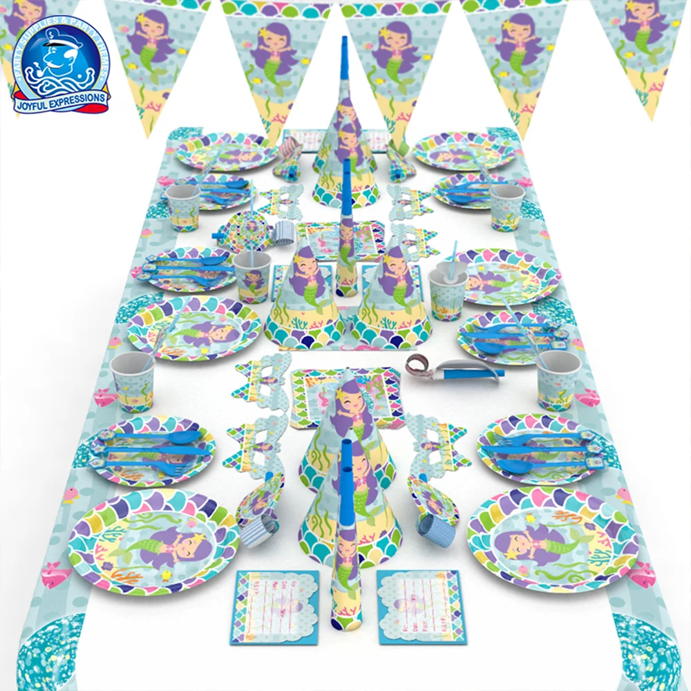 

For 6 People Set Disposable Party Tableware Girls Birthday Party Venue Layout Tablecloth Mermaid Decorative Set 72PC JR01