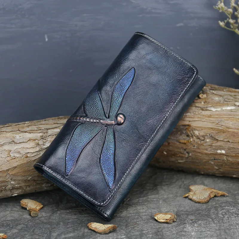 

100% Genuine Leather Women Wallet Female Bag Clutches Long Zipper Dragonfly Cowhide Wallet Phone Bag Fashion Female For Richer
