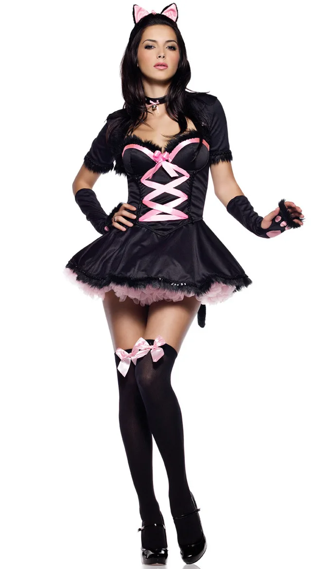 Сексуальный взрослый костюм женщина-кошка с хвостом костюмы на Хэллоуин для женщин нарядное платье - Цвет: Черный