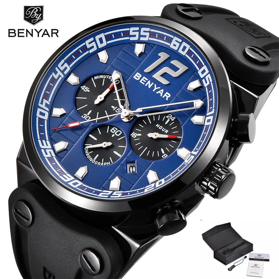 

BENYAR Functional Chronograph Waterproof Quartz Watches for Men Military Sport Silicone Band Outdoor Men Wristwatch Clock Gifts