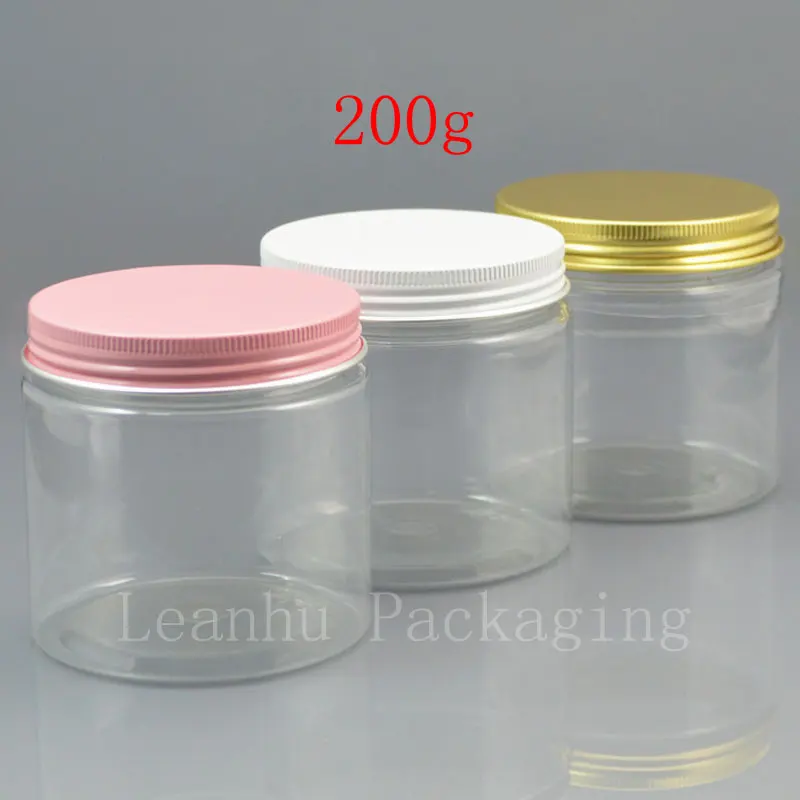 

200g x 20 empty transparent PET cream jar for containing solid perfumes with white / pink / gold aluminum screw cap 200cc bottle