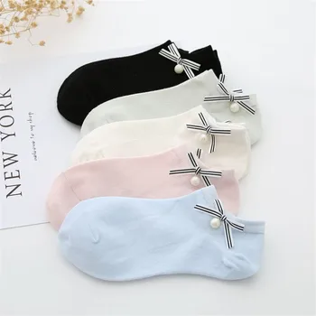 

YSMILE Y Women Sweet Solid Ankle Length Sock Hand Made Bow Tie Spring Summer All Match Low Cut Cotton Sock Female Girl Sox