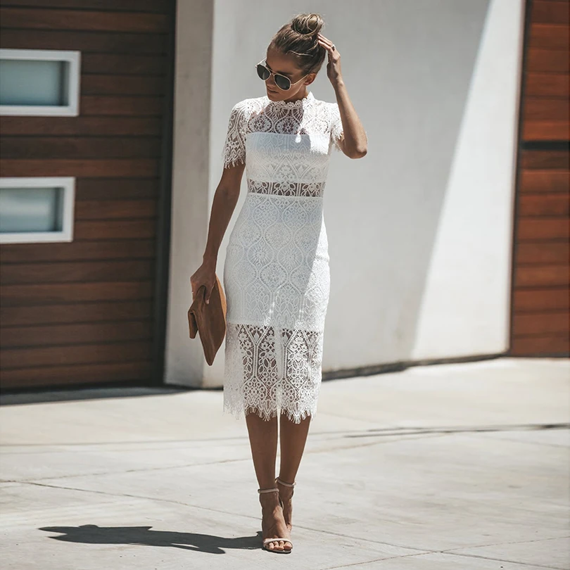 

New Boho Summer dress Elegant O-neck Lace Dresses Tiered Pleated Midi Dress