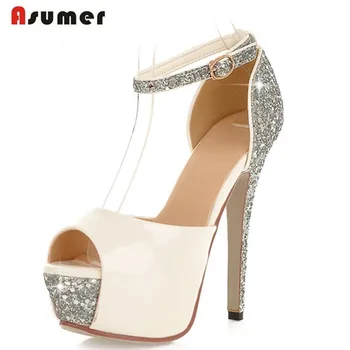 

Asumer 2020 new arrive high quality women sandals peep toe ankle strap glitter prom wedding shoes woman silver summer shoes