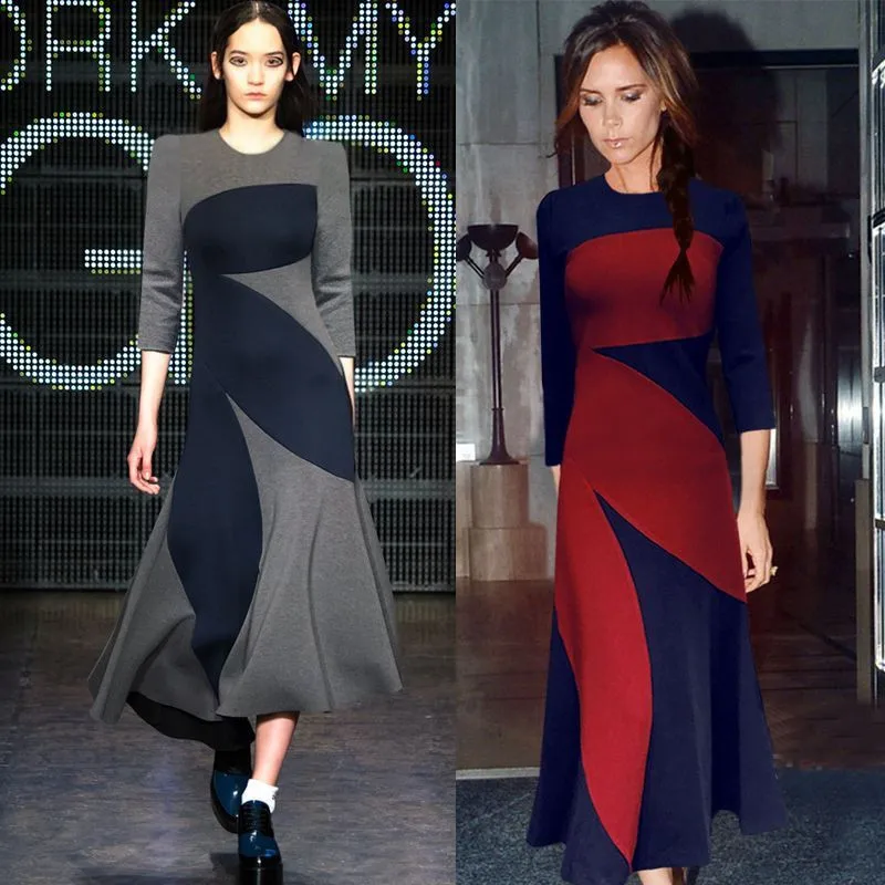 

High Quality 2018 Victoria Beckham Dress Summer Autumn Runway Style Temperament O-neck Patchwork Elegant Fishtail Dress Vestido