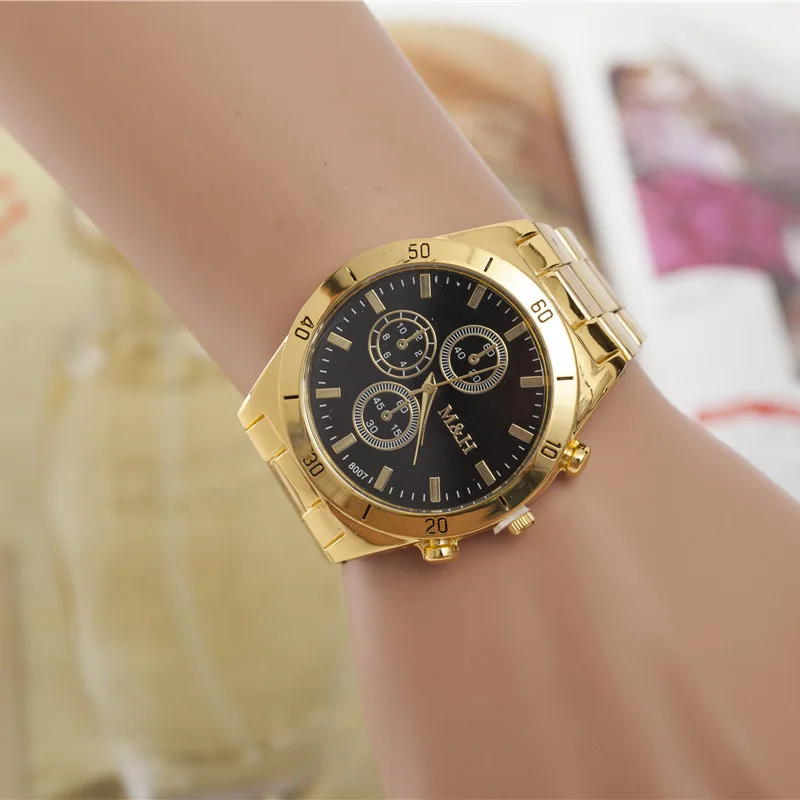

Stainless steel watch men and women alloy quartz watches fashion three eyes black faced gold band business wirstwatches 2016 new