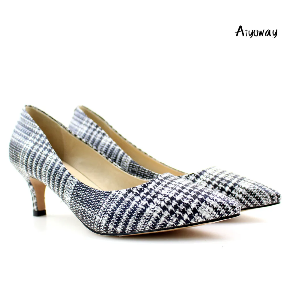 

Pointed Toe kitten heels Low Heel Denim Grids pattern Women Ladies Pumps Fashion Comfortable Shoes Slip On 5cm Aiyoway