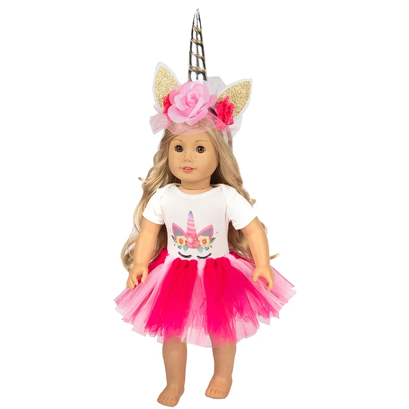 

Doll Clothes Hot Sale Fit 18 inch Born New Baby Doll Unicorn hairdress with birthday cake skirt suit Accessories For Baby Gift